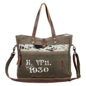 Myra Bag Handmade Classic Messenger Bag Upcycled Canvas & Cowhide Leather